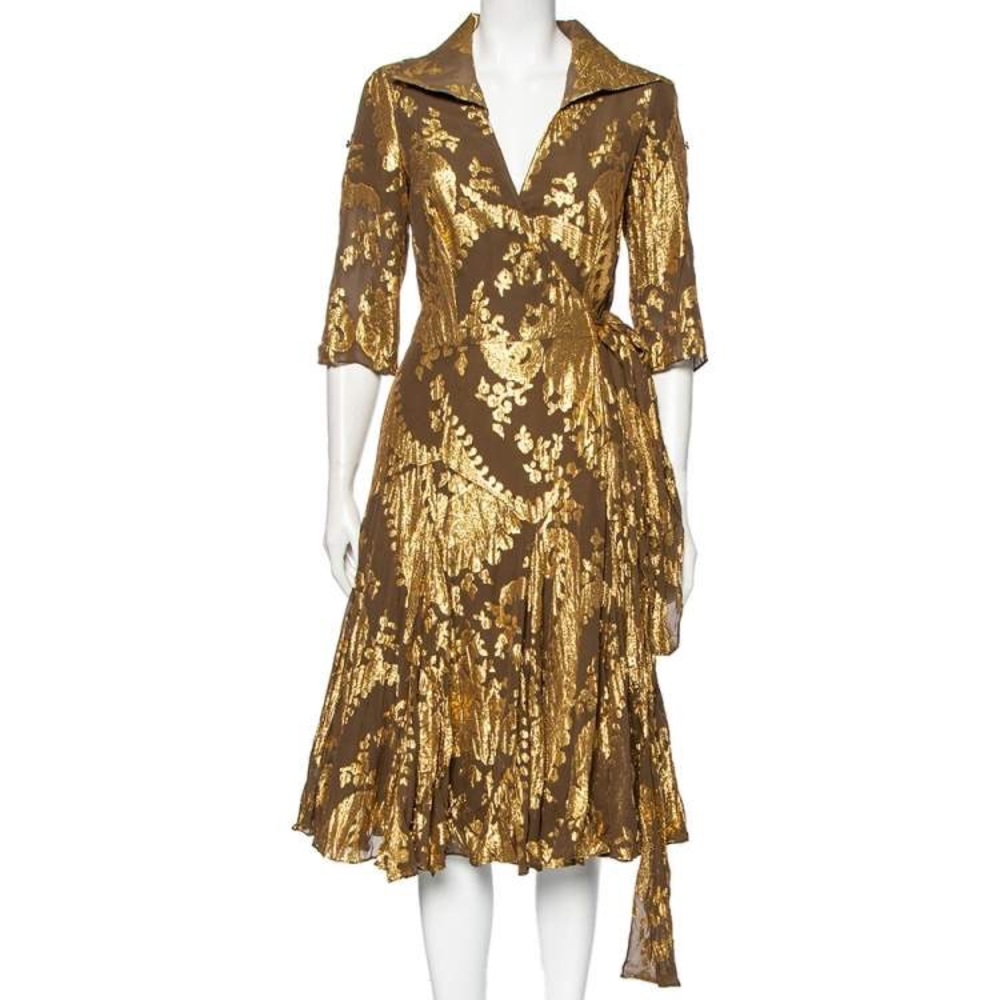 Diane Von Furstenberg wrap shirt dress Size 2, brown and gold early 2000’s